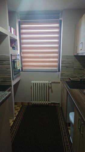 a small kitchen with a radiator and a window at Apartman Jellena in Pale