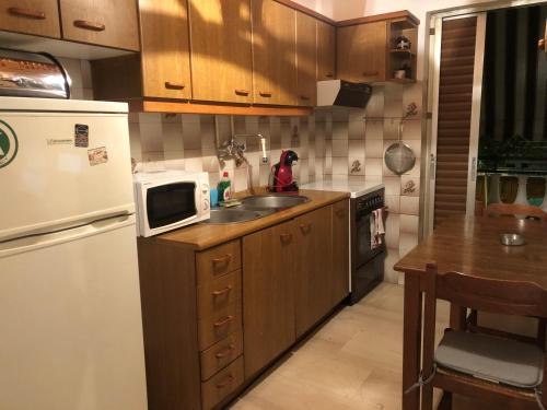 a kitchen with a white refrigerator and a sink at Small flat with everything near metro in Piraeus