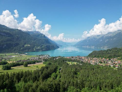 a view of a town next to a lake at Meieli's Chalet in Hofstetten 