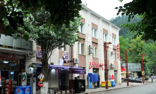 a street in a town with a building at Alma-Ata Hotel in Borjomi