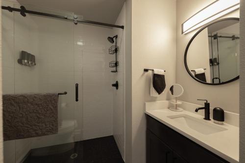 a bathroom with a shower and a sink and a mirror at Winter Park Chateau in Winter Park