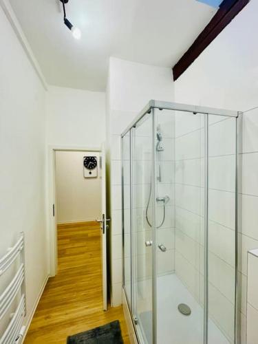 een badkamer met een douche met een glazen wand bij Großzügiges Loft in zentraler Lage in Braunschweig