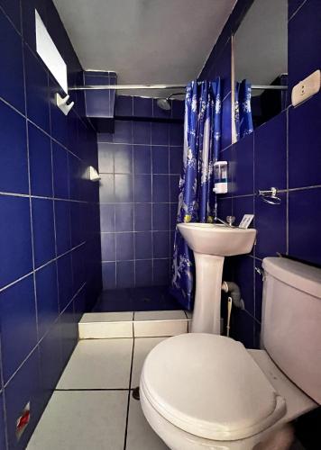 a blue bathroom with a toilet and a sink at Casa D´Maria in Ollantaytambo