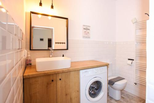 a bathroom with a sink and a washing machine at Mill Central 2 in Sibiu