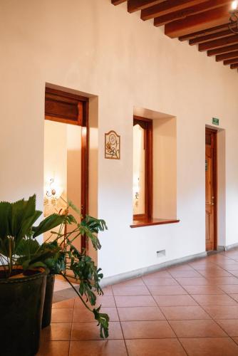 a room with two mirrors and a potted plant at Los Pilares Hotel in Oaxaca City
