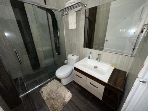 a bathroom with a toilet and a sink and a shower at Rio Hotel Centro in Leticia