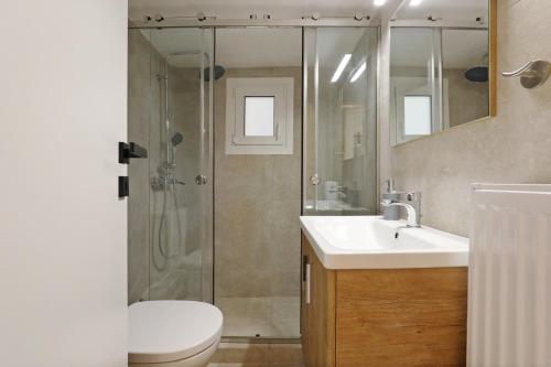 a bathroom with a shower and a sink and a toilet at Charming Koukaki - Greecing in Athens