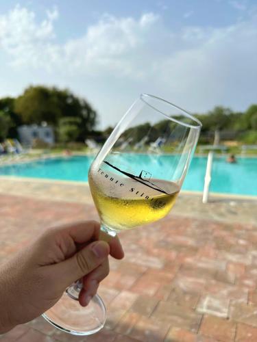 a person holding a glass of wine in front of a pool at 309 Le Saline - Stintino in Stintino