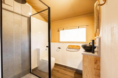 uma pequena casa de banho com WC e lavatório em NRMA Phillip Island Beachfront Holiday Park em Cowes