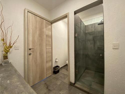 baño con ducha y puerta de cristal en HOTEL AEROPUERTO MORELIA, en Álvaro Obregón
