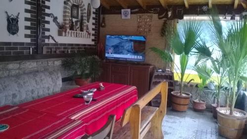 Albena Guest House في شابلا: غرفة طعام مع طاولة حمراء وتلفزيون