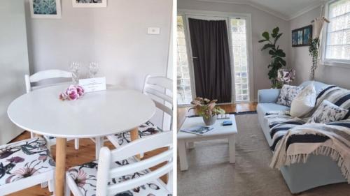 een eetkamer en een woonkamer met een witte tafel en stoelen bij Nonna's Retreat in Sussex inlet