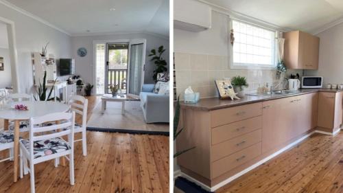 twee foto's van een keuken en een woonkamer bij Nonna's Retreat in Sussex inlet