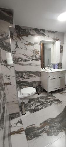 a bathroom with a toilet and a sink and a mirror at GM 15 Apartments in Sibiu