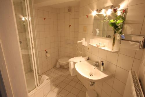 a bathroom with a sink and a shower and a toilet at Alt Enginger Mühle in Paderborn