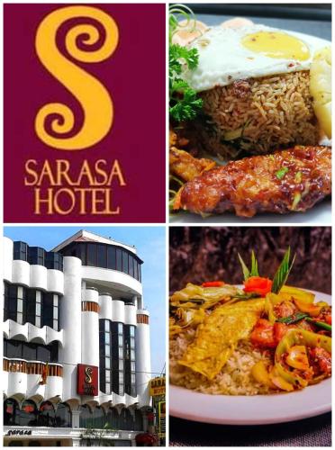 un collage de fotos de un hotel sarsacca y comida en sarasa hotel pvt ltd en Marapitiya