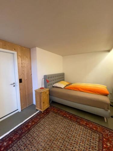 ein Schlafzimmer mit einem Bett mit einer orangefarbenen Decke in der Unterkunft Tablà Heustall Piz Tschütta in Vna