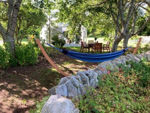 a blue hammock in a garden with a table at English Cherry Tree Manor in Tamahere