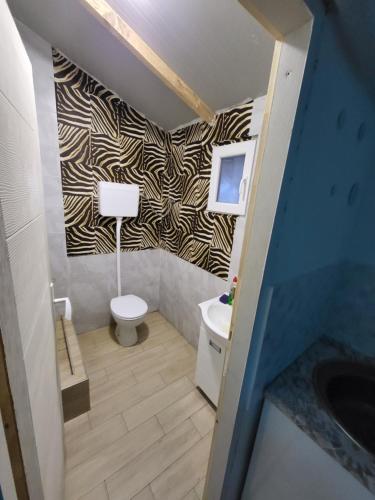 ein Bad mit einem WC und einen TV an der Wand in der Unterkunft Kuca na reci za zurke MARiLYN MONROE in Belgrad