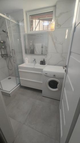 a white bathroom with a shower and a washing machine at Vu's Home in Prague