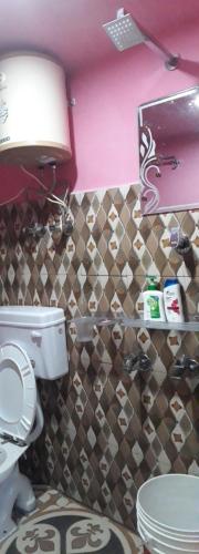 a bathroom with a toilet and a pink wall at Bajwal Home-Stay & Guest-House in Sari
