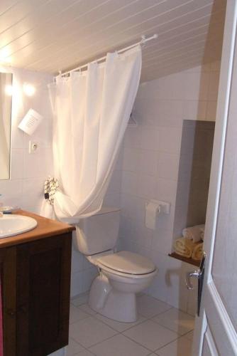 une salle de bain blanche avec des toilettes et un lavabo dans l'établissement Le Petit Massigny, à Velluire