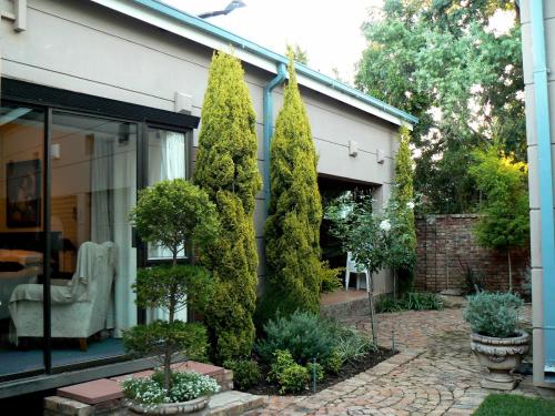 a garden with two tall trees in front of a house at Primavera Guest House in Bloemfontein