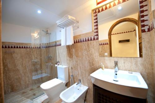 a bathroom with a sink and a toilet and a mirror at Dar Yasmine in Tangier