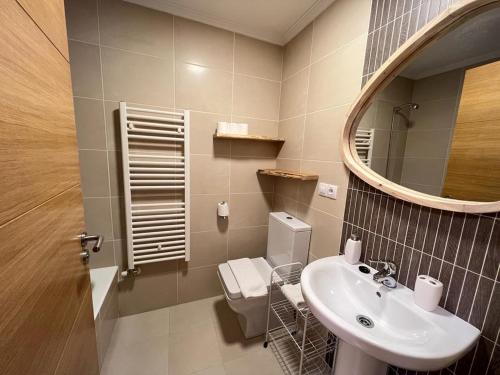 a bathroom with a sink and a toilet and a mirror at ELCANO Bermeo 2 in Bermeo
