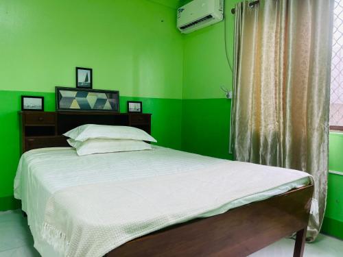 a bedroom with green walls and a bed at Grace house in Suva