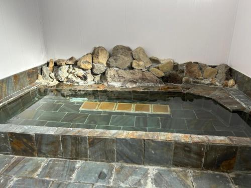 Guest House Koriyama في كورياما: تجمع مياه في غرفه بها صخور