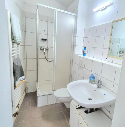 uma casa de banho com um WC, um chuveiro e um lavatório. em Studio Apartement in Halle em Halle an der Saale