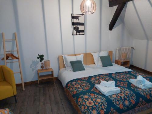 ein Schlafzimmer mit einem Bett, einem Stuhl und einer Leiter in der Unterkunft Le Petit Chez Vous in Colmar