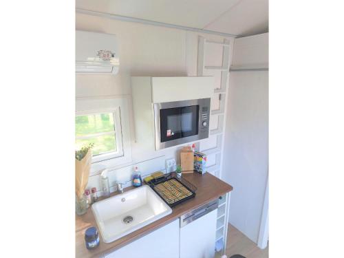 eine kleine Küche mit einer Spüle und einer Mikrowelle in der Unterkunft Tiny House Paradies in Wustermark