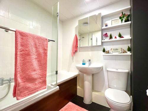 a bathroom with a toilet and a sink and a shower at Flat in Manchester, Ardwick in Manchester