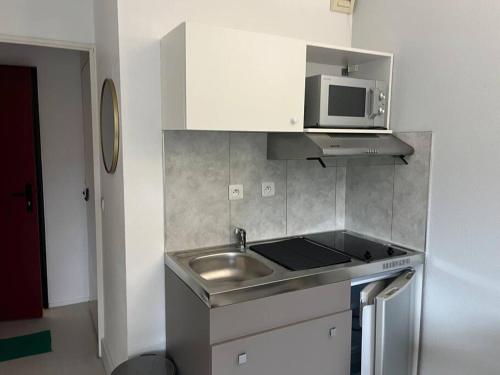 une petite cuisine avec un évier et un micro-ondes dans l'établissement Studio - Disneyland/Paris, à Bussy-Saint-Georges