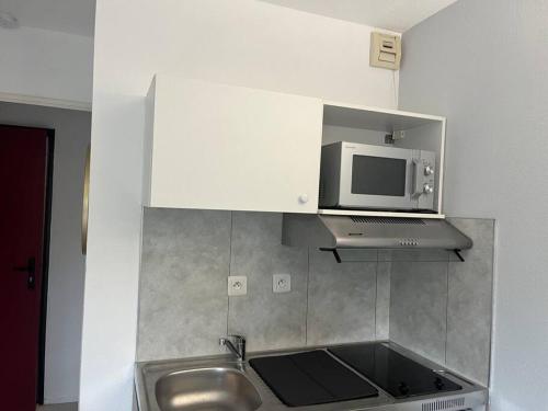 une cuisine avec un évier et un micro-ondes dans l'établissement Studio - Disneyland/Paris, à Bussy-Saint-Georges