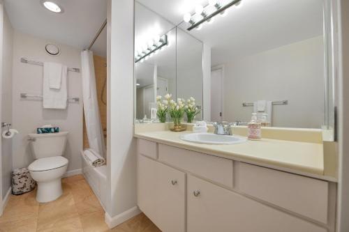 a bathroom with a sink and a toilet and a mirror at Victoria West Harbourview in Victoria