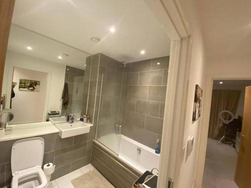 a bathroom with a shower and a sink and a toilet at Luxury 2 bed ensuite 2 bathroom apartment East Croydon in South Norwood