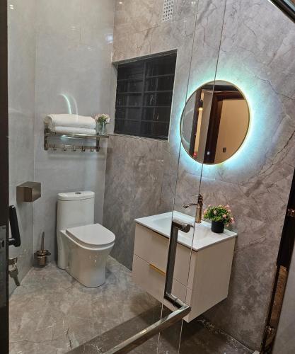 a bathroom with a sink and a toilet and a mirror at Vk apartments in Kitwe