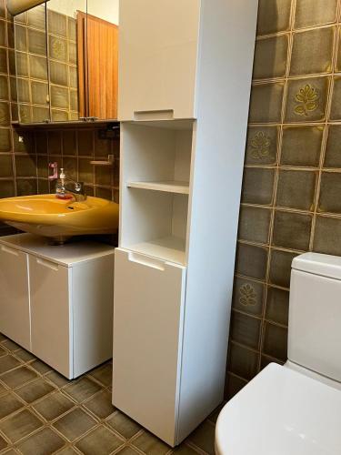 a bathroom with a yellow sink and a toilet at Ferienhaus Heiderose in Schneverdingen