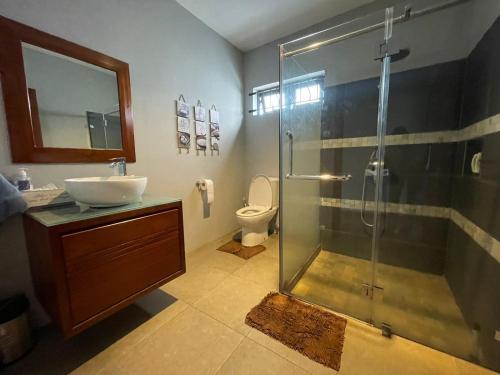 a bathroom with a shower and a sink and a toilet at Villa vue 1 C.A.M in Albion