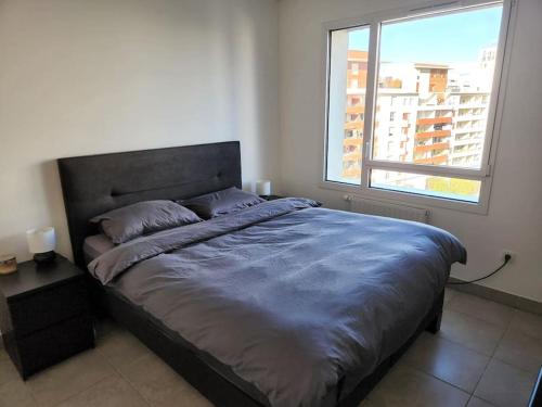 een slaapkamer met een groot bed en een raam bij Bel Appartement avec Terrasse et Clim in Montpellier