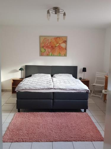 a bedroom with a bed with a red rug at ruhige Ferienwohnung in Waldnähe in Rheinbach