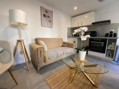 un salon avec un canapé et une table en verre dans l'établissement Le Vénitien, à Marseille