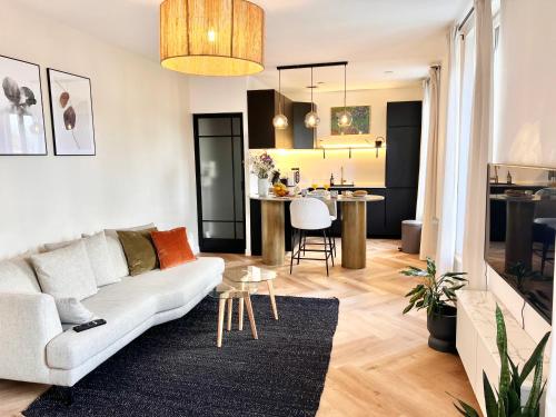 un salon avec un canapé et une cuisine dans l'établissement Appart Le Van Gogh - 3' RER - 11' Paris - 23' Disney, à Bry-sur-Marne
