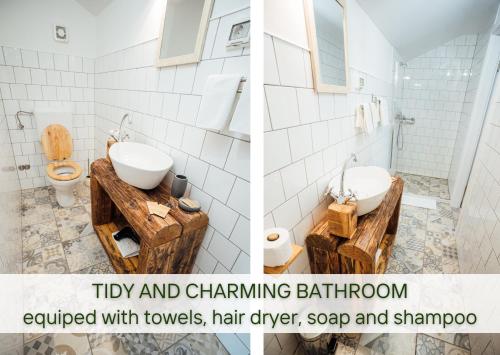 2 zdjęcia łazienki z toaletą i umywalką w obiekcie Guesthouse Kamniti Rob w mieście Črni Kal