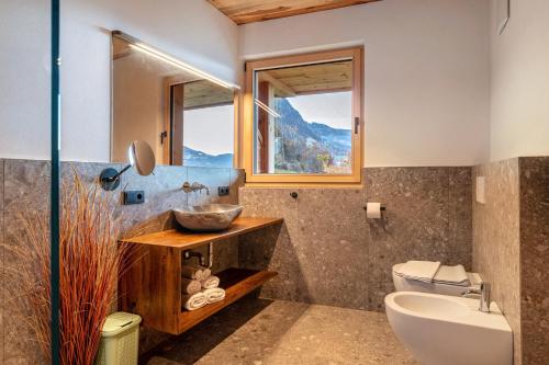a bathroom with a sink and a toilet and a window at Rotwandterhof Wohnung Bienenstock in Barbiano