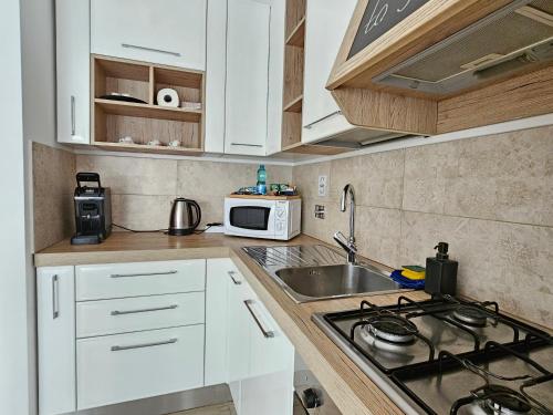 a kitchen with white cabinets and a sink and a microwave at Maremè Guest House Ostia in Lido di Ostia