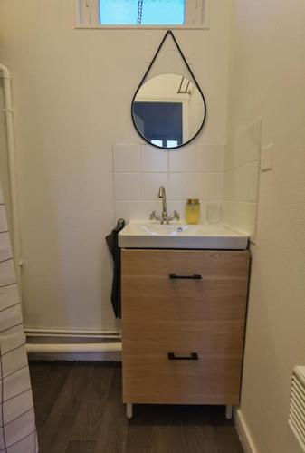 une salle de bain avec un lavabo et un miroir au mur dans l'établissement Studio 2 proche du Jardin des plantes de Rouen, à Rouen